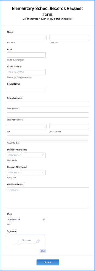 Elementary School Records Request Form Template
