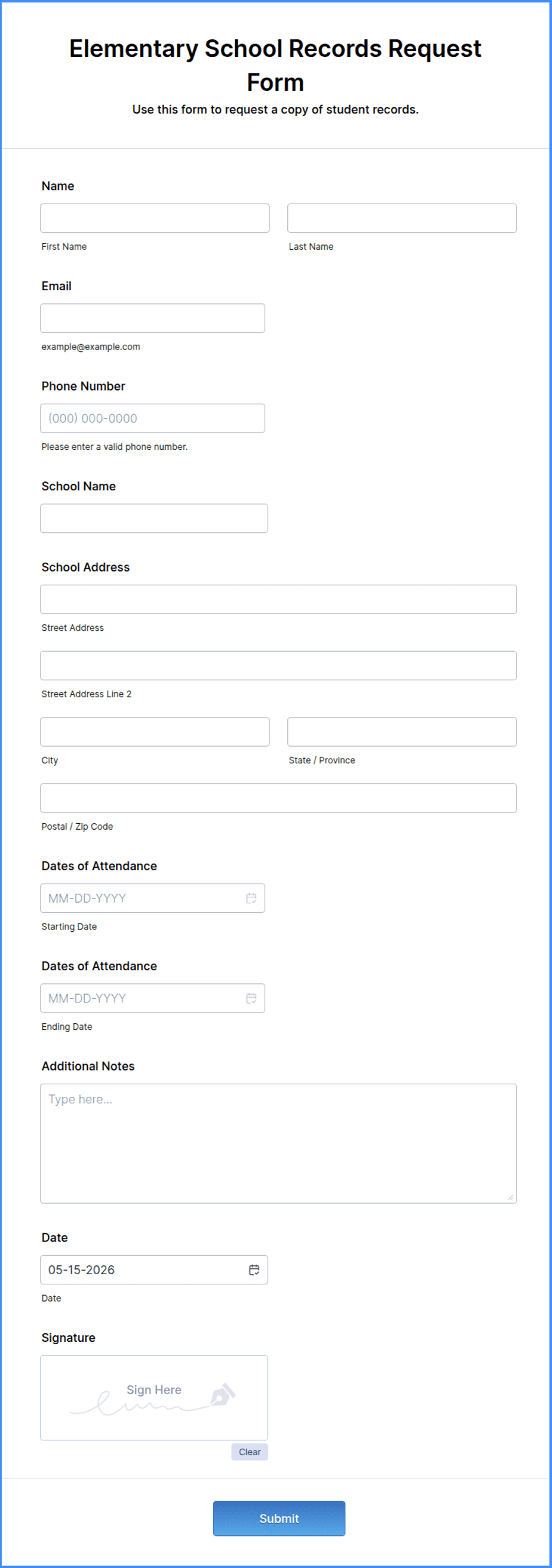 Elementary School Records Request Form Template Jotform