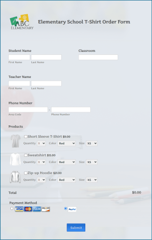 Elementary School T Shirt Order Form Template