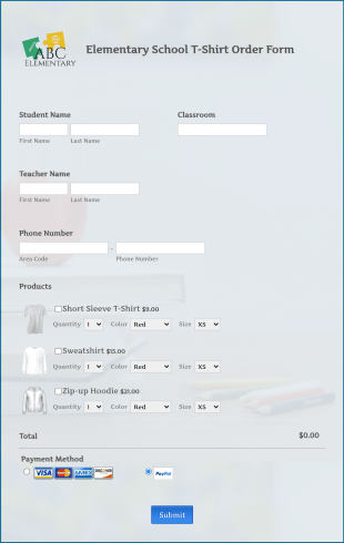 Elementary School T Shirt Order Form Template