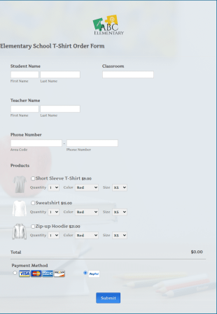 Elementary School T Shirt Order Form Template