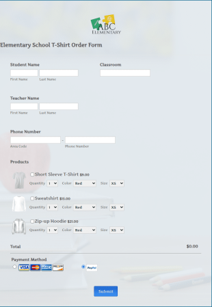 Elementary School T Shirt Order Form Template