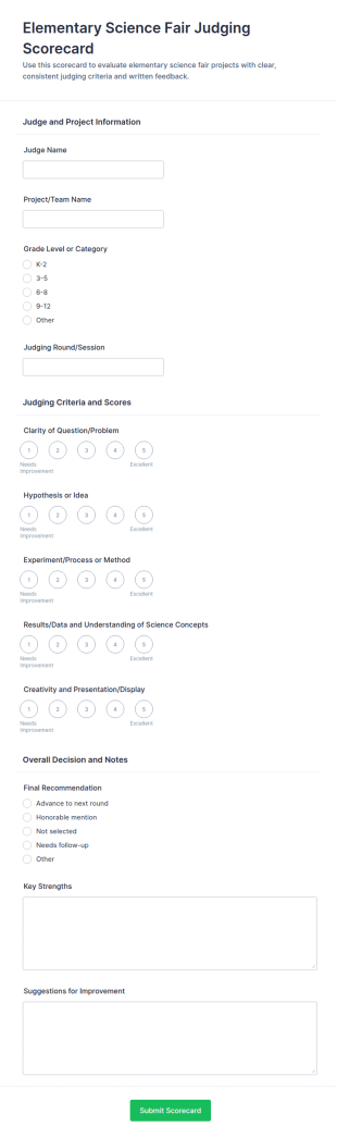 Elementary Science Fair Judging Scorecard Form Template