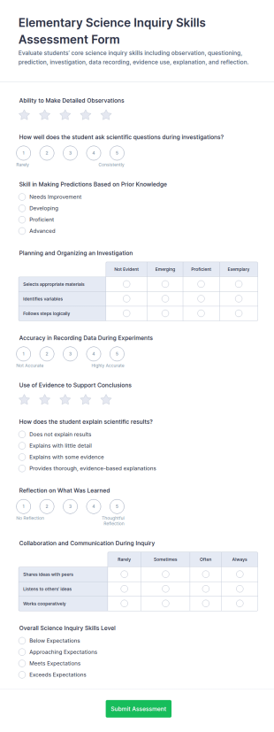 Elementary Science Inquiry Skills Assessment Form Template