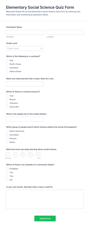 Elementary Social Science Quiz Form Template