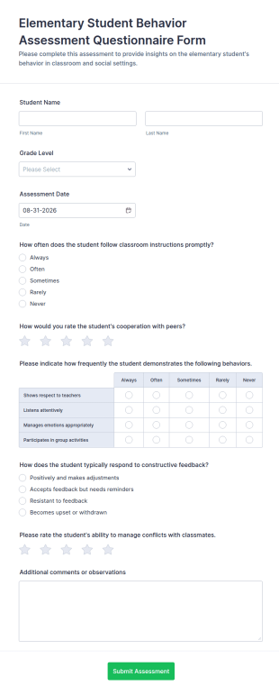 Elementary Student Behavior Assessment Questionnaire Form Template