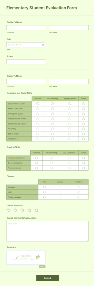 Elementary Student Evaluation Form Template