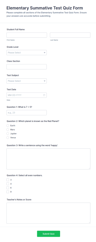 Elementary Summative Test Quiz Form Template