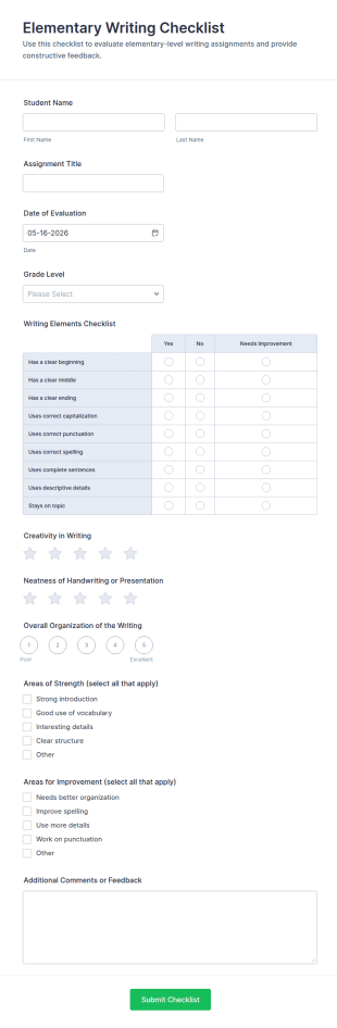 Elementary Writing Checklist Form Template