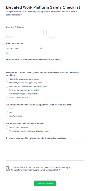 Elevated Work Platform Safety Checklist Form Template