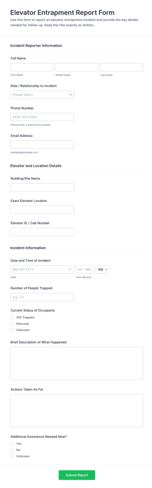 Elevator Entrapment Report Form Template