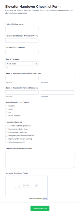 Elevator Handover Checklist Form Template
