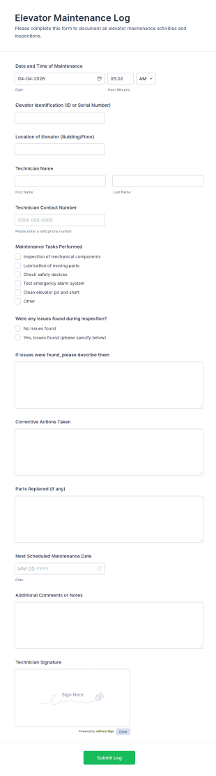 Elevator Maintenance Log Form Template