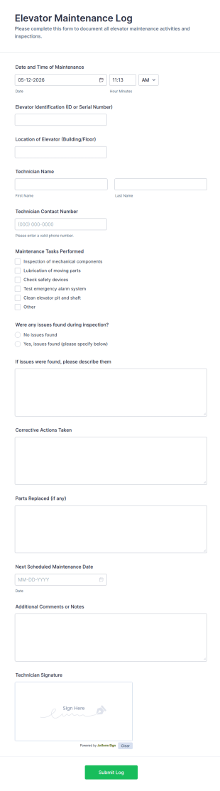 Elevator Maintenance Log Form Template