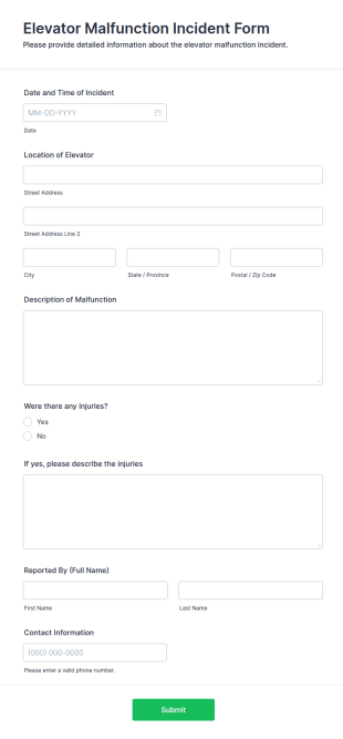 Elevator Malfunction Incident Form Template