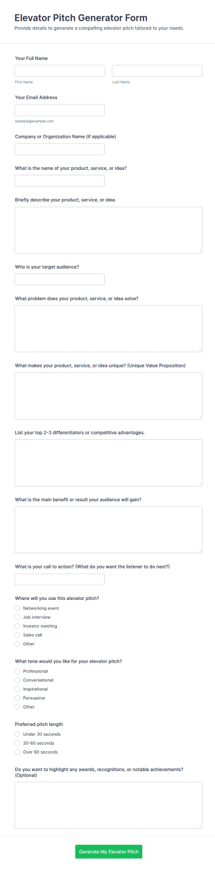 Elevator Pitch Generator Form Template