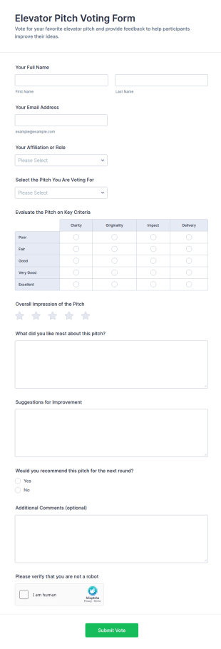 Elevator Pitch Voting Form Template