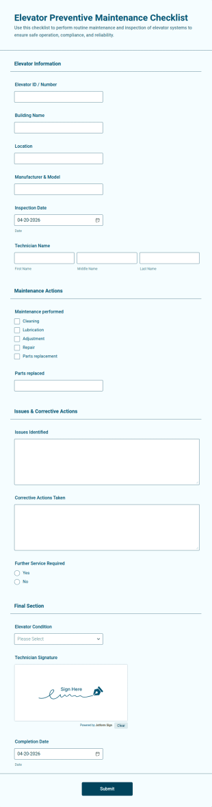 Elevator Preventive Maintenance Checklist Form Template