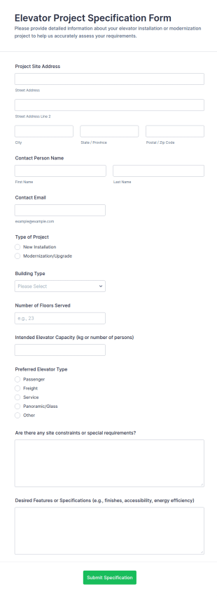 Elevator Project Specification Form Template