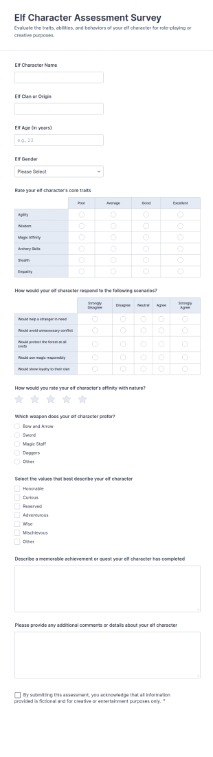 Elf Character Assessment Survey Form Template