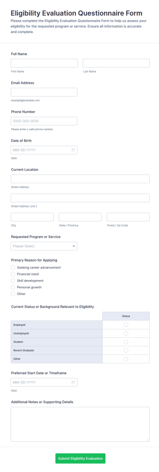 Eligibility Evaluation Questionnaire Form Template