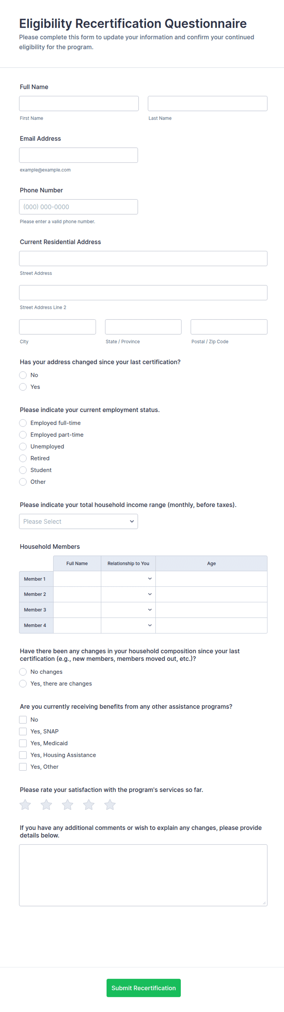 Eligibility Recertification Questionnaire Form Template | Jotform