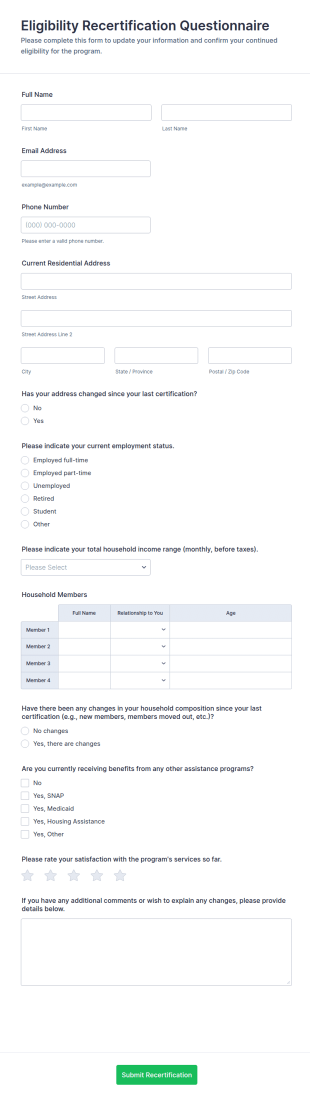 Eligibility Recertification Questionnaire Form Template