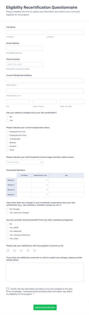 Eligibility Recertification Questionnaire Form Template