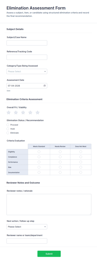 Elimination Assessment Form Template