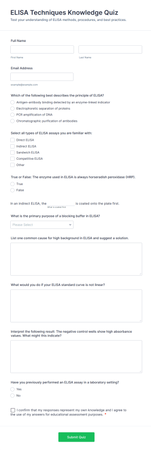 ELISA Techniques Knowledge Quiz Form Template