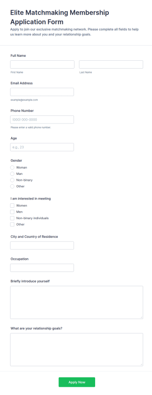 Elite Matchmaking Membership Application Form Template