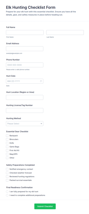 Elk Hunting Checklist Form Template