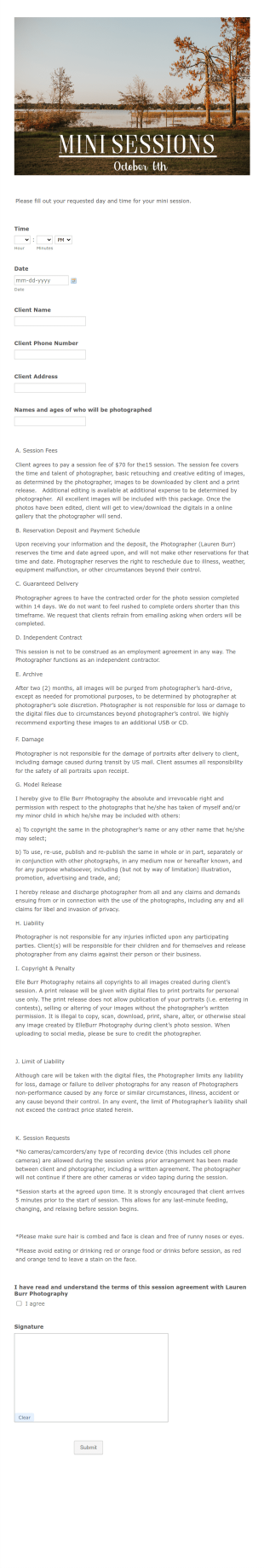 Elle Burr Mini Session Contract Form Template