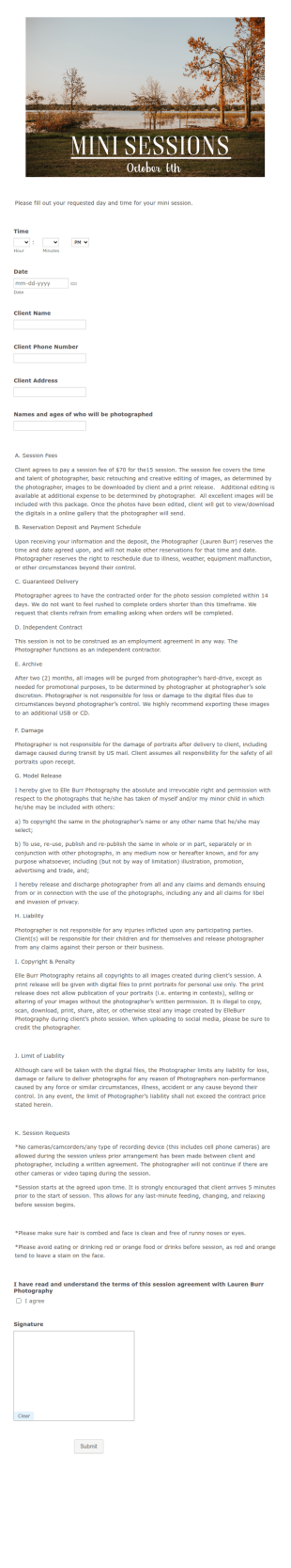 Elle Burr Mini Session Contract Form Template