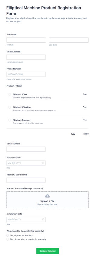 Elliptical Machine Product Registration Form Template
