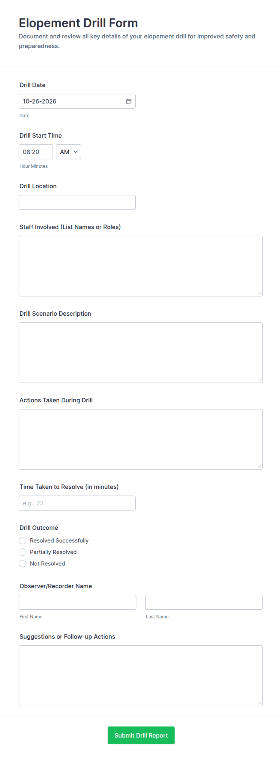 Elopement Drill Form Template | Jotform