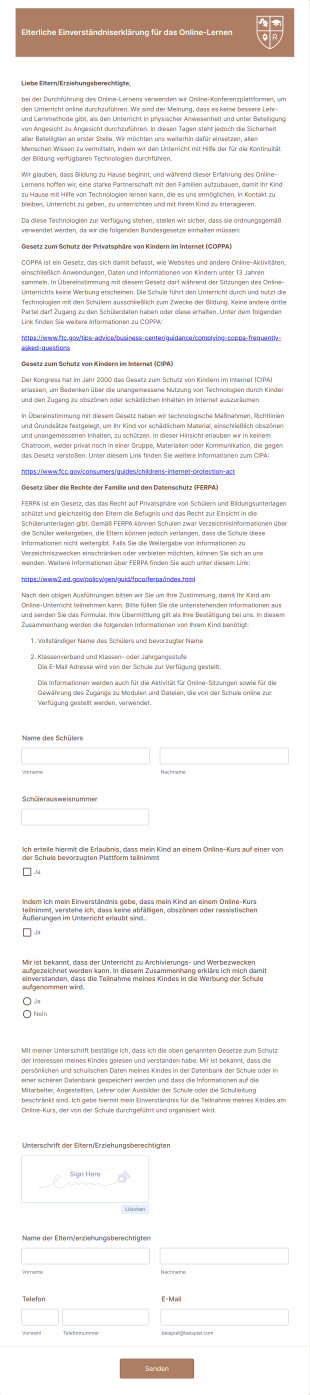 Elterliche Einverständniserklärung Für Das Online Lernen