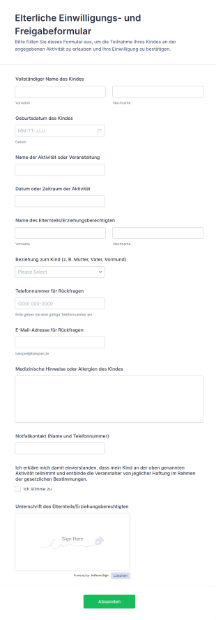 Elterliche Einwilligungs Und Freigabeformular