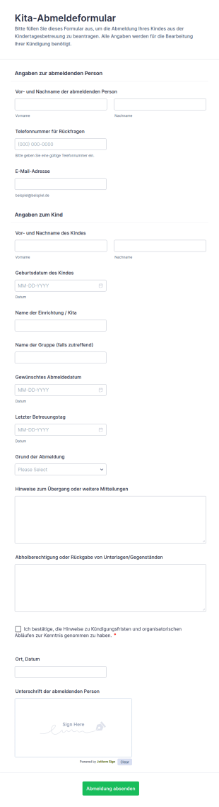Eltern Kind Betreuung Abmeldeformular