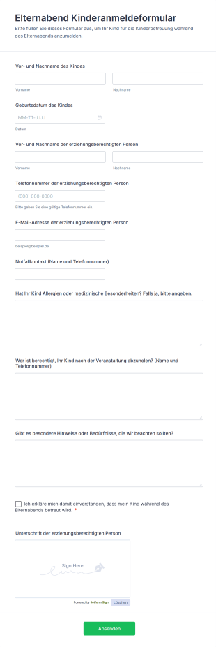 Elternabend Kinderanmeldeformular