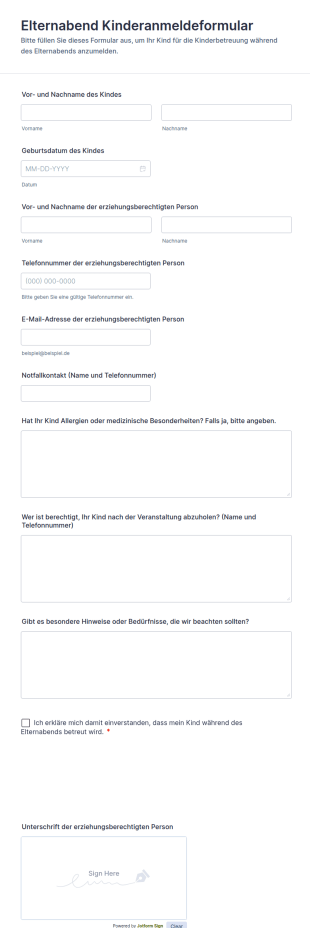 Elternabend Kinderanmeldeformular