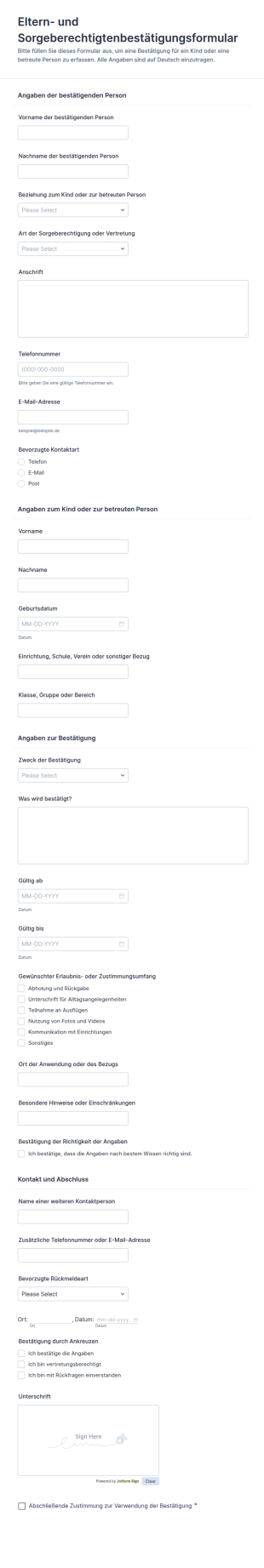 Elternteil Vertreter Bestätigung Formular