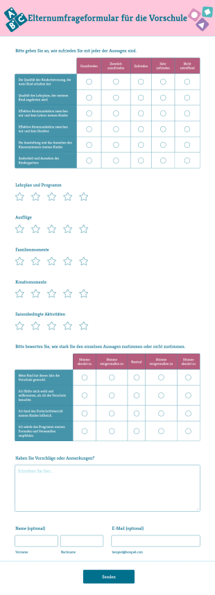 Elternumfrageformular Für Die Vorschule Form Template