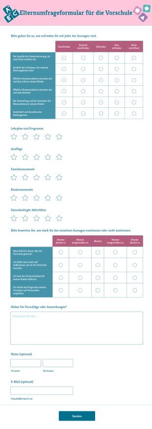 Elternumfrageformular Für Die Vorschule Form Template