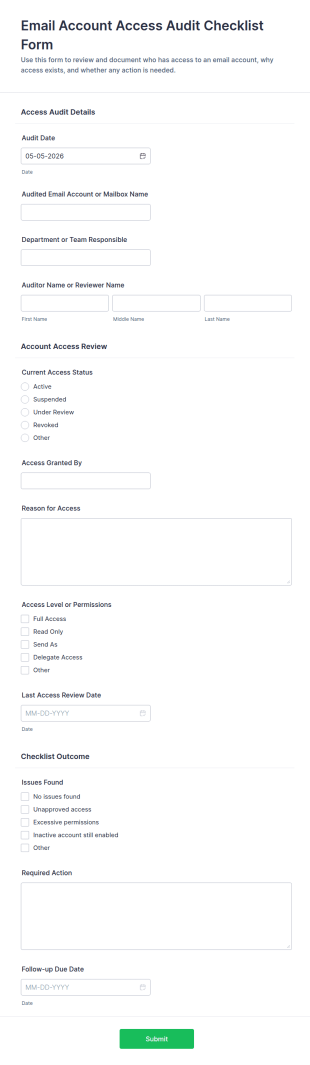Email Account Access Audit Checklist Form Template