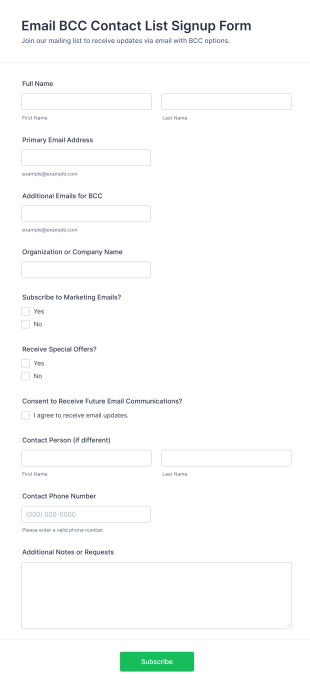 Email BCC Contact List Signup Form Template