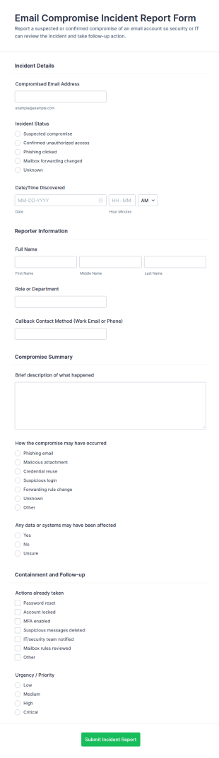Email Compromise Incident Report Form Template