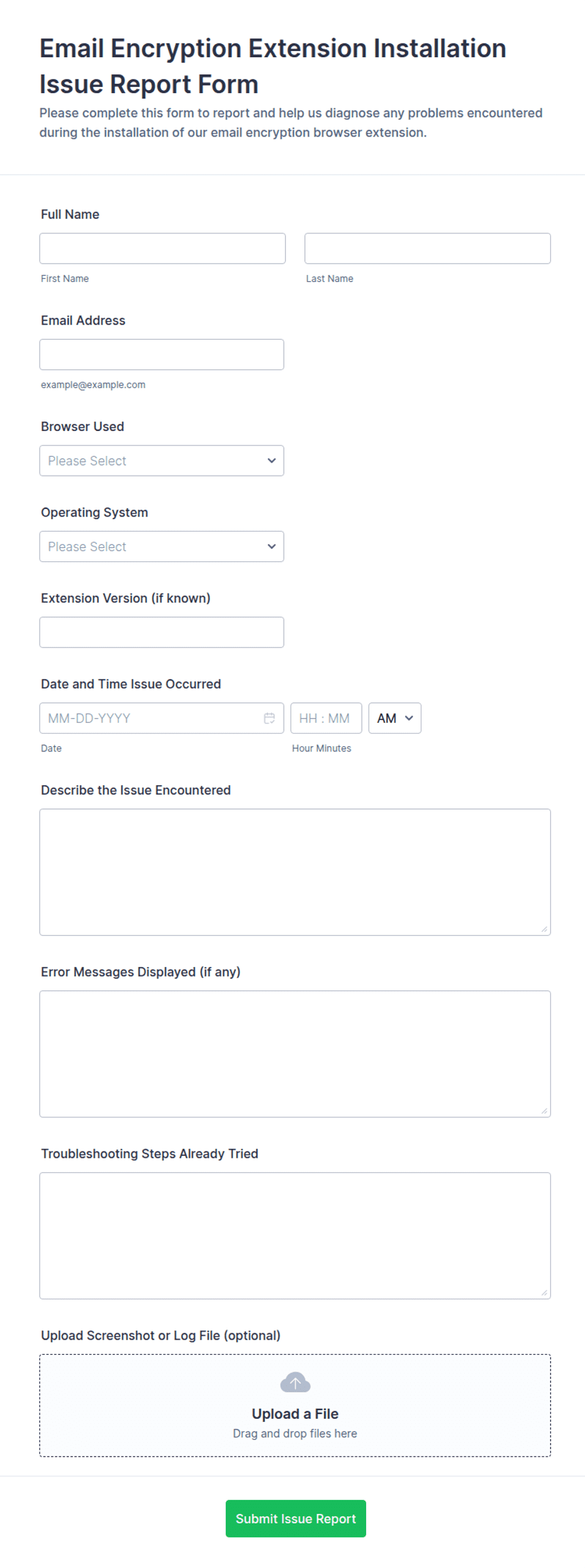 Email Encryption Extension Installation Issue Report Form Template ...