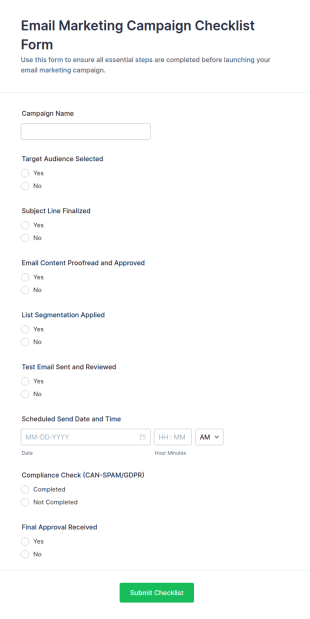 Email Marketing Campaign Checklist Form Template