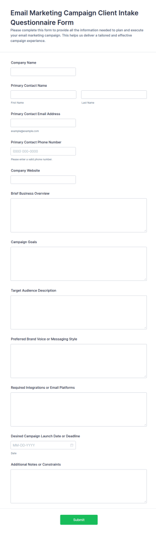 Email Marketing Campaign Client Intake Questionnaire Form Template